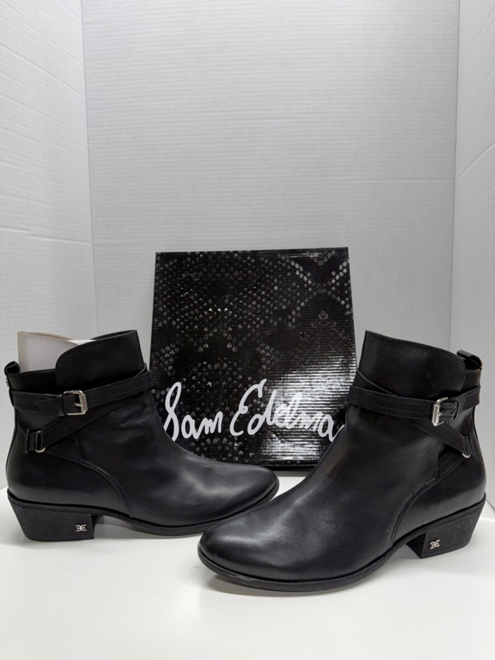 Sam Edelman Polina Boots Leather Block Heeled Ankle Bootie Black Silver Size 10